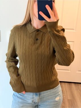 Olive Green Cable Knit Polo Sweater H&M